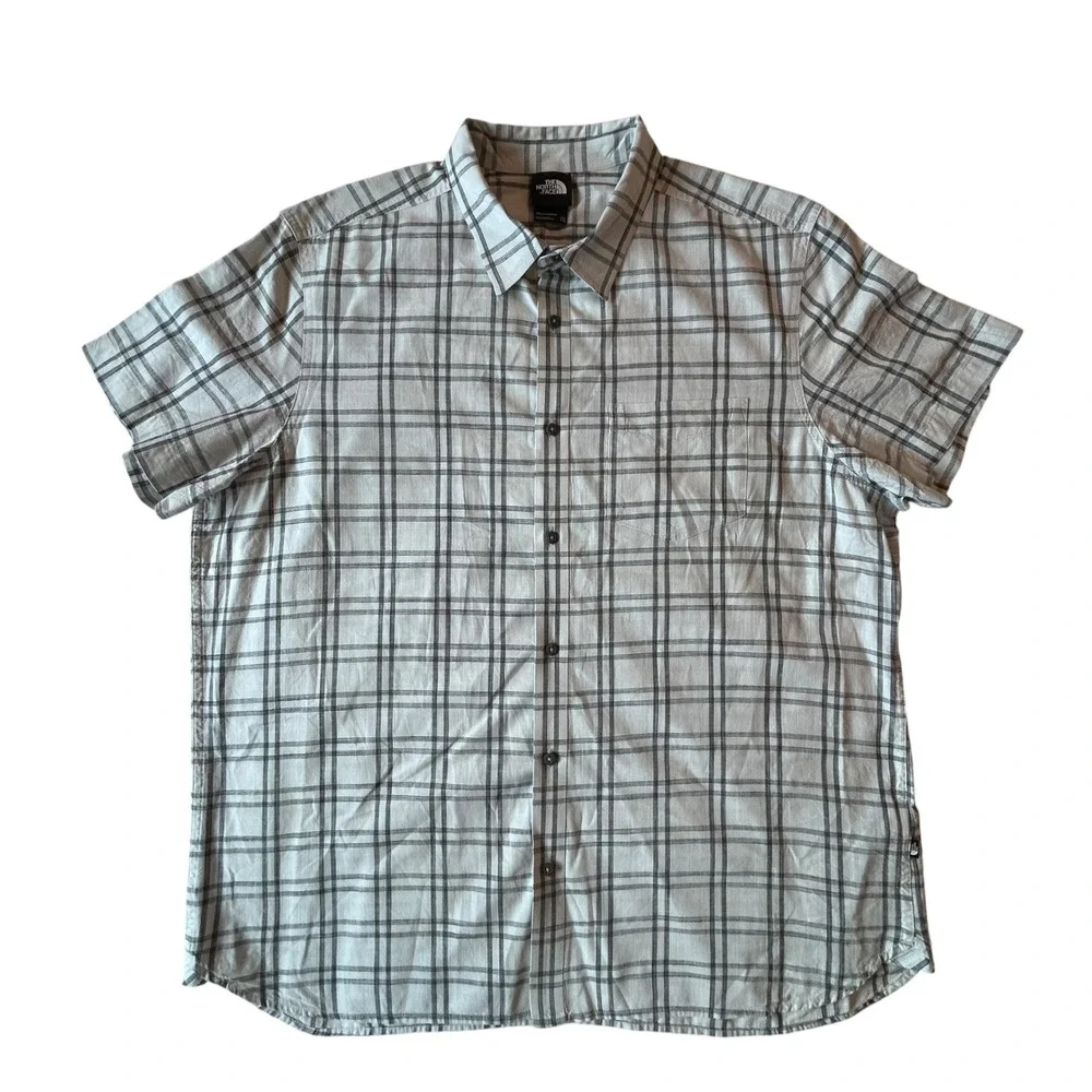 The North Face Mens XXL White Grey Plaid Short Sleeve Cotton Button Down Shirt